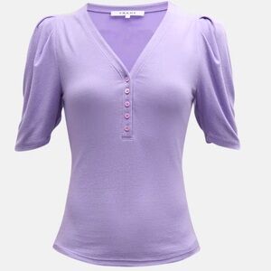 Frame- Women's Ribbed Stretch Ruched Short Sleeve Henley Top - Purple Size:Small